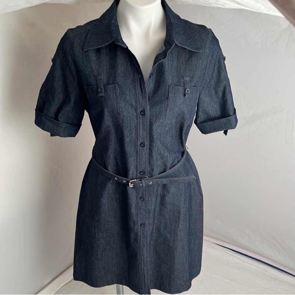 Sandro Sportswear Dark Blue Rinse Denim Belted Buttoned Down Shirtdress Chambray